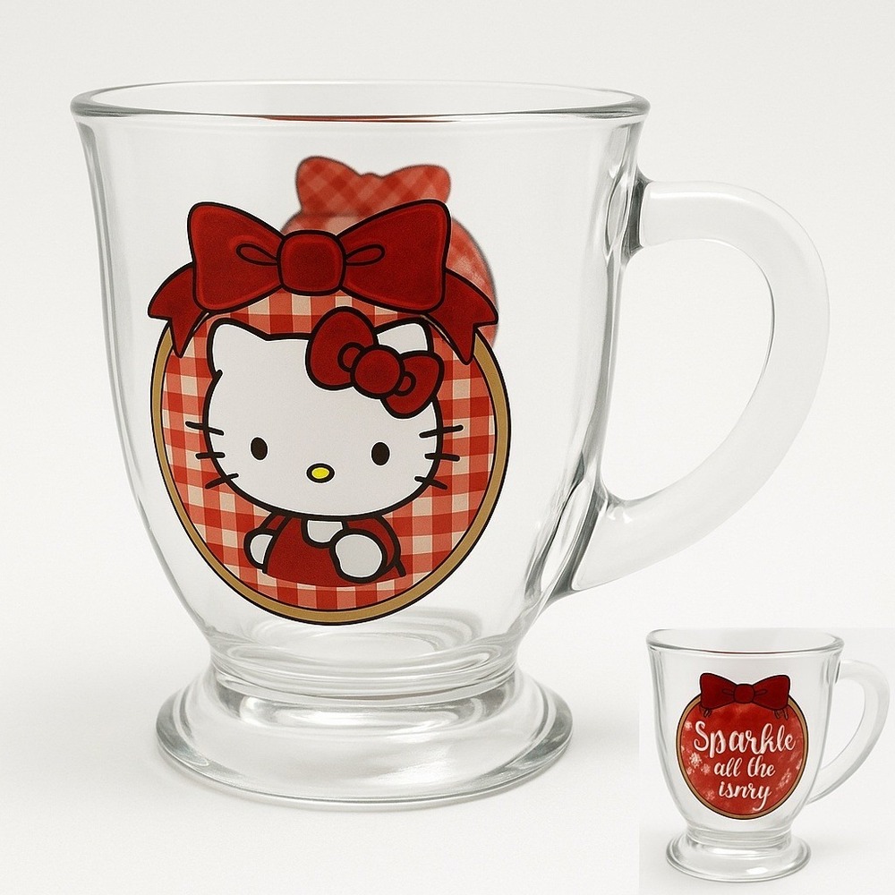 Hello Kitty‎ Sparkle All The Way Red Gingham Glass Mug Sanrio Christmas Cup